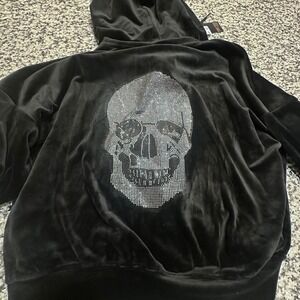 NWT Truth Black Velour Rhinestone Skull Tracksuit Set 2 Piece Zip Up Hoodie M